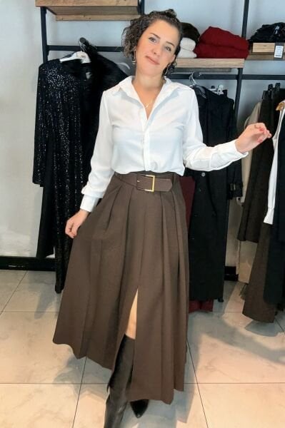 Kahve Kemerli Önü Pileli Yırtmaçlı Etek