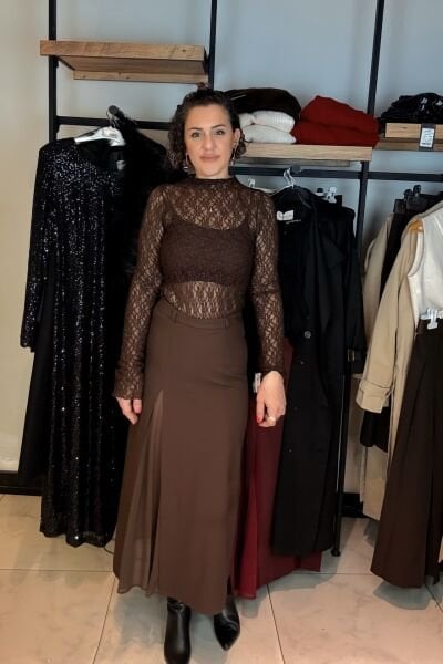 Kahve Şifon  Yırtmaçlı Etek