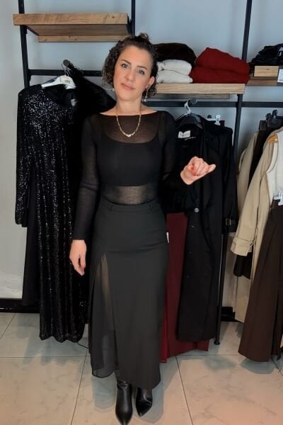 Siyah Şifon Yırtmaçlı Etek