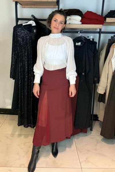 Bordo Şifon Yırtmaçlı Etek