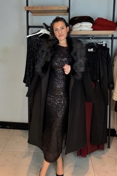 Kürklü Premium Kalite Kuşaklı Kaşe Kaban