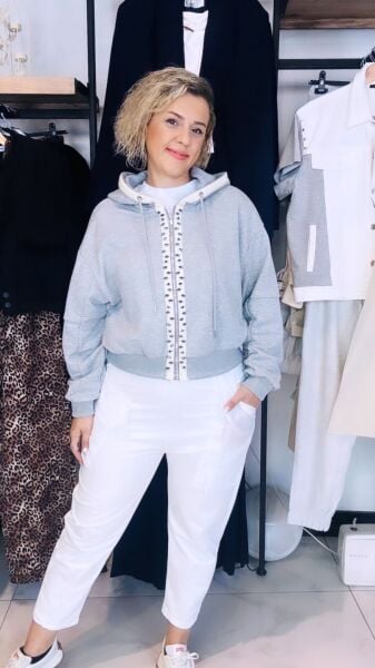 Gri Taş Detaylı Astarlı Sweat Ceket