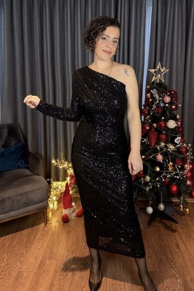 Siyah Tek Kollu Payetli Elbise