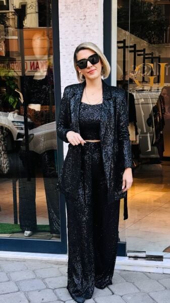 Premium Kalite Kuşaklı Siyah Payetli Blazer