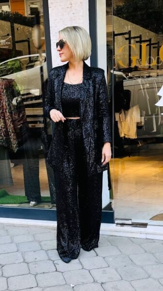 Premium Kalite Siyah Kemer Detaylı Payetli Pantalon