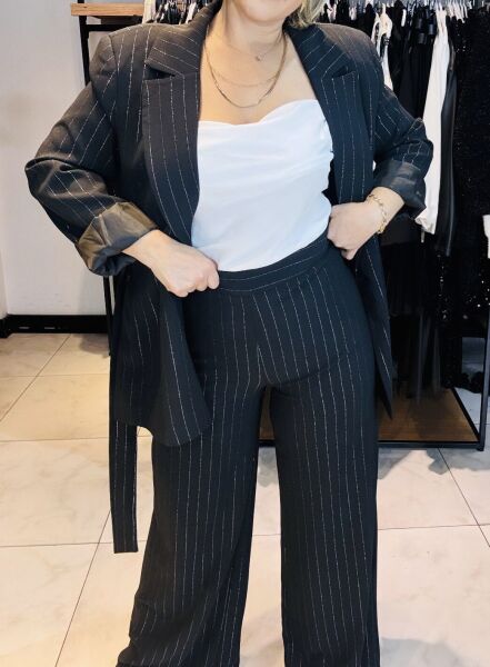 Simli Çizgili Siyah Yüksek bel Pilesiz Palazzo Pantolon