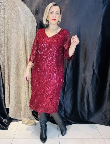 Bordo Saçaklı Payet Elbise(Büyük Beden)