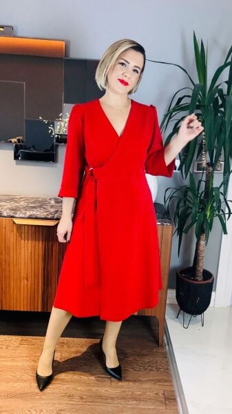 Kırmızı Simli Kumaş Bağlama Detaylı Elbise/Büyük Beden