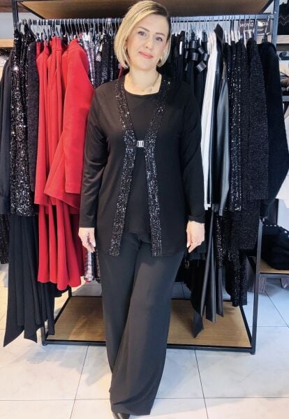 Payet detaylı Siyah 2li Hırka Takım/ Büyük Beden