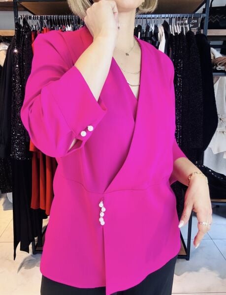 İnci Detaylı Fuşya Bluz/Büyük Beden