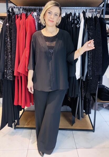 Siyah Astarlı Şifon Pantolon/Büyük Beden