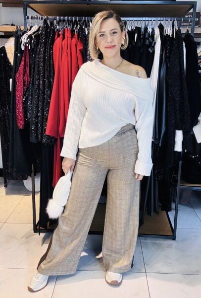 Gold simli Ekose Kahve Şeritli Palazzo Pantolon