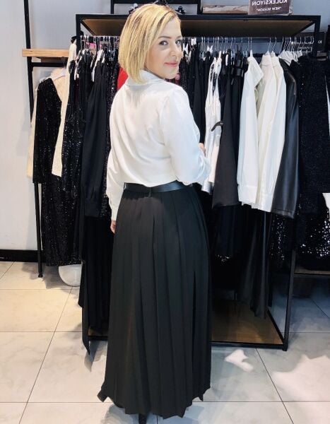 Çift Kemerli Siyah Maksi Pilise Etek