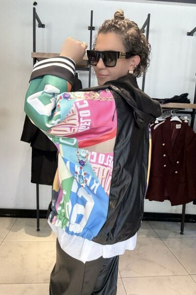 DQMANE Deri Garnili Tasarım Siyah Ceket