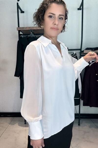 Ekru Broş Detay Kolları Şifon Bluz