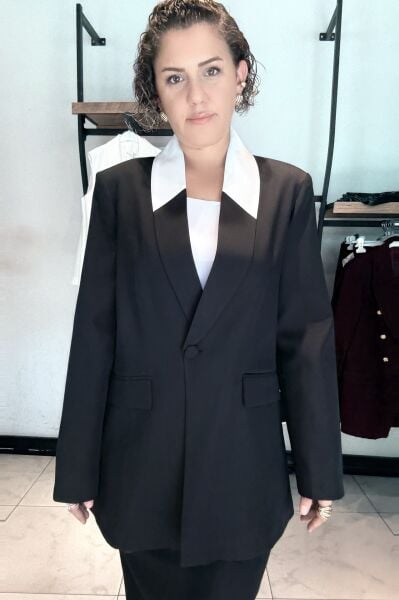 Yakası Kontrast Detay Siyah Blazer Ceket