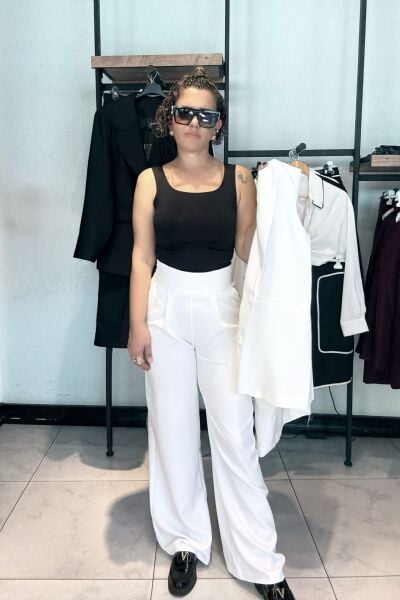 Ekru Beli Pileli Pantolon