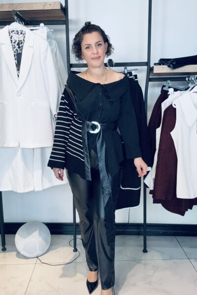 Deri Detaylı Kuşaklı Siyah Tasarım Bluz