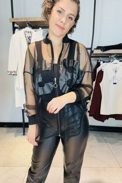 Tasarım Deri Detaylı Siyah Tül Bluz